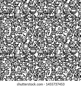 Abstract background with cute handdrawn robots in various emotions. Vector illustration. Nice use for valentines or kid birthday card, as labels, prints etc