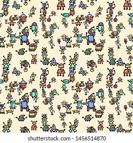 Abstract background with cute handdrawn robots in various emotions. Vector illustration. Nice use for valentines or kid birthday card, as labels, prints etc