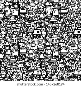Abstract background with cute handdrawn robots in various emotions. Vector illustration. Nice use for valentines or kid birthday card, as labels, prints etc