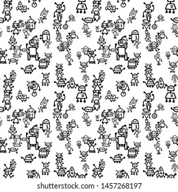 Abstract background with cute handdrawn robots in various emotions. Vector illustration. Nice use for valentines or kid birthday card, as labels, prints etc