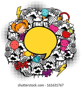 Abstract background with cute kawaii doodles.