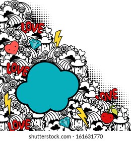 Abstract background with cute kawaii doodles.