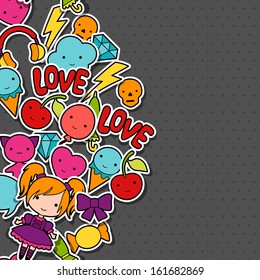 Abstract background with cute kawaii doodles.