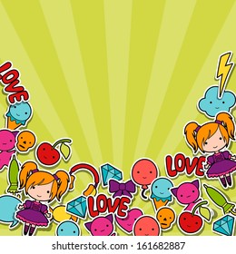 Abstract background with cute kawaii doodles.