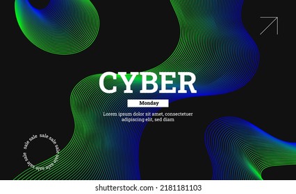 Abstract background in cyberpunk style, cyber monday in bright neon colors: green, blue. Modern graphics consist of thin lines. Cool for business and online advertising, banners and sales promotions.