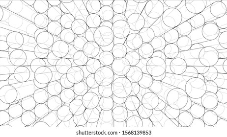 Abstract background of cylinders outline. Vector rendering of 3d. Wire-frame style. The layers of visible and invisible lines are separated