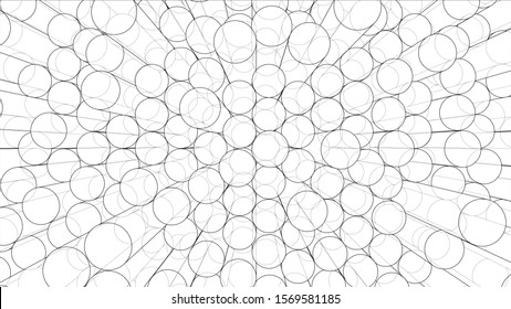 Abstract background of cylinders outline. Vector rendering of 3d. Wire-frame style. The layers of visible and invisible lines are separated