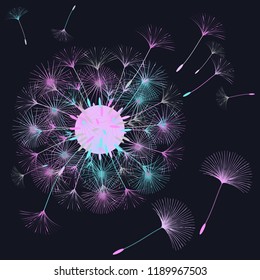 Abstract background of a dandelion for design.  The wind blows the seeds of a dandelion. Template for posters, wallpapers, posters. Vector illustrations.