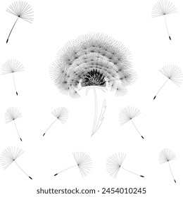 Abstrakter Hintergrund eines Löwenzahn für Design. Der Wind weht die Samen eines Löwenzahns. Vorlage für Poster, Bildschirmhintergründe, Poster. Vektorillustration