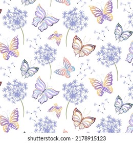 Abstract background with dandelions and butterflies.Vector pattern with butterflies and dandelions on a transparent background.
