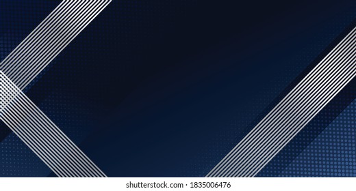 Antecedentes abstractos azul oscuro con el concepto corporativo moderno. Decoración geométrica abstracta, patrón de rayas de línea plateada, gradientes de medio tono. Ilustración creativa para afiches, web, aterrizajes, página, portada