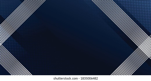Abstract background dark blue with modern corporate concept. Abstract geometric decoration, silver line stripes pattern, halftone gradients. Creative illustration for poster, web, landing, page, cover