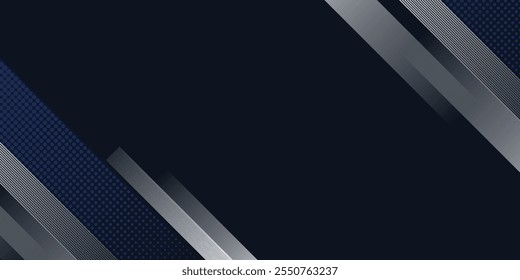 Fundo abstrato azul escuro com conceito corporativo moderno. Decoração geométrica abstrata, padrão de listras de linha de prata, gradientes de meio-tom. Ilustração criativa para cartaz, web, landing, página, capa