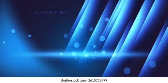 An abstract background with dark blue and navy shades, featuring transparent vertical lines, circular and fluid light points. These elements create a futuristic and dimensional feel.
