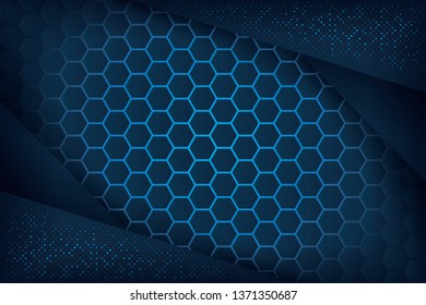 
Abstract background in dark blue with overlapping layers of luminous polygon combinations.