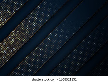 Abstract background with dark blue paper art design and golden glitters in luxury concept.