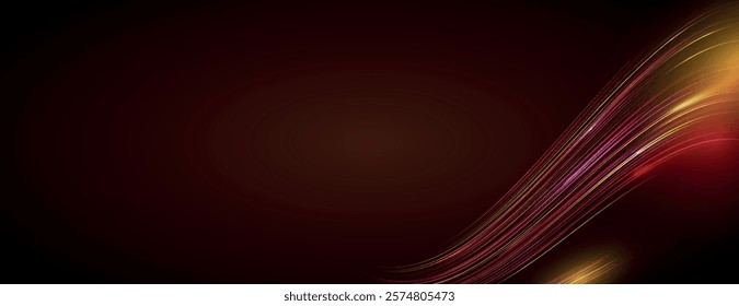 Abstract background with a dark brown background, featuring flowing red and orange lines, creating a dynamic and vibrant texture. Vector. Shiny gradient wave background. Red background vector.