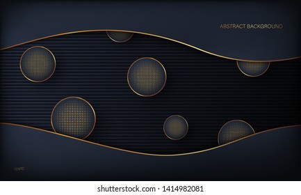 Abstract background of dark color, balls with gold inserts, lines and shadows. Vector illustration.