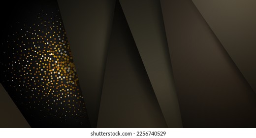 Abstract background in dark colors with several overlapping surfaces with shadows and a lot of small golden sparkles