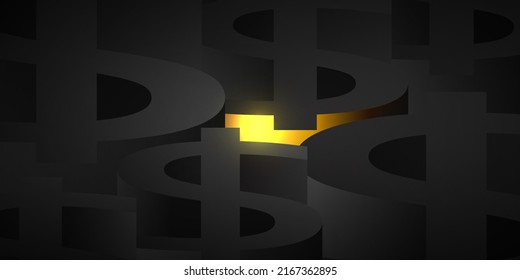Antecedentes abstractos con símbolos oscuros del dólar con un resplandor dorado en el centro. ilustración vectorial 3d