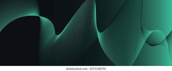 Abstract background with dark green and black hues. The background features smooth, flowing wave patterns with a green and black gradient. Minimal abstract wavy gradient vector background