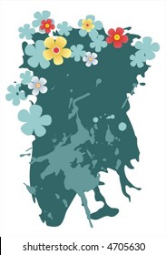 Abstract background from dark green blots and flowers on a white background.