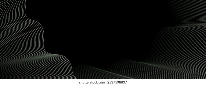 Fondo Abstractas con líneas verdes oscuras sobre un fondo negro, creando un efecto ondulado y texturizado. Los colores verde y negro dominan. Fondo ondulado abstracto mínimo del Vector del gradiente