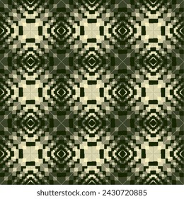 abstract background in dark green (moss green), with geometric shapes such as rhombuses and squares. Form the figures simulating a pixelated image