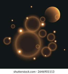 an abstract background with a dark background on which golden and orange light circles of different sizes are placed, creating the effect of radiance and sparks

