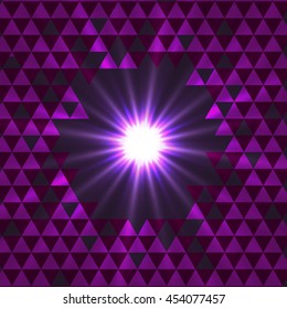 Abstract background with dark purple triangles and bright flash inside. Vector illustration. 