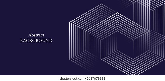 An abstract background with dark tones, with a black or dark purple background and a hexagonal geometric line on the right that creates a sense of dimension and depth with layered overlays of lines.