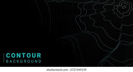 Abstrakter Hintergrund in dunklen Tönen (schwarz, dunkelgrau) mit Konturlinien in Türkis, Cyan.