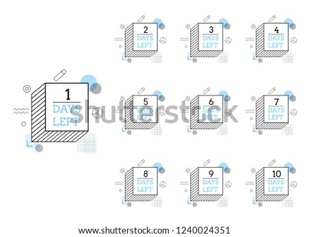 Abstract background. Days left to go from 1 to 10. Universal trend halftone geometric shapes set juxtaposed with blue elements composition.