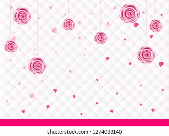 Fondo abstracto decorado con flores de rosa colgantes y formas de corazón diminutas.