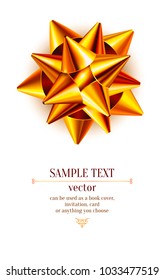 Abstract background decorated with realistic gold bow and text isolated on white. Layout for wedding invitation, birthday designs, gift voucher, certificate and coupon. Vector illustration. EPS 10