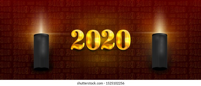 Abstract background with decorative lighting, golden numbers 2020 and typography halftone pattern. Happy New 2020 Year. Holiday Invitation Banner