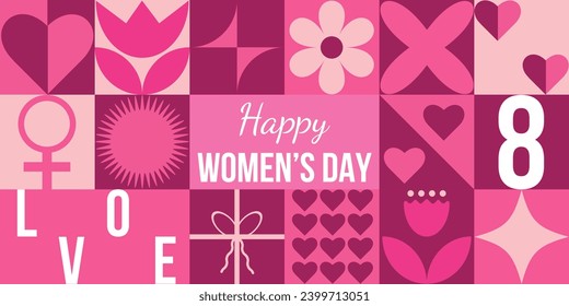 Abstract background dedicated to the celebration of Women's Day on March 8th. Simple shapes of hearts, gifts, flowers in a modern geometric style. Perfect for postcards, wallpapers, posters.