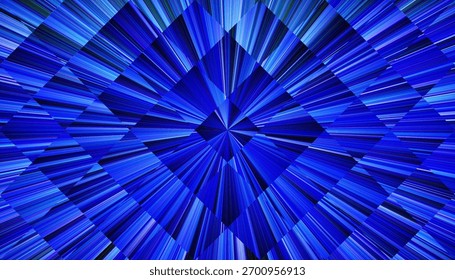 Abstract background with deep blue converging light rays forming geometric diamond grid pattern. Dynamic blue gradient rays converge in symmetrical motion for futuristic design, digital art. Vector
