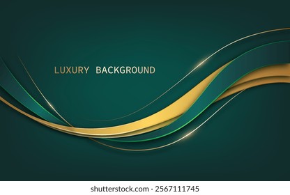 Abstract background with a deep green backdrop adorned with dynamic, flowing curves in shades of gold and green. Luxury style. Vector illustration