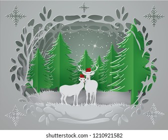 Abstract background with Deer couple live at the green forest in winter season and Merry Christmas concept ,paper craft style and illustration
