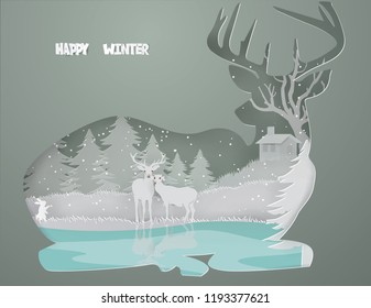 Abstract background with deers couple by the pool in  forest and Cottage on the hill in winter season,paper craft style and illustration