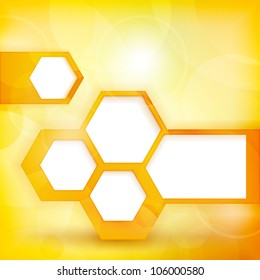 Abstract background with de-focused light dots in shades of yellow and orange with hexagon shapes where you can put your personalized text. EPS10