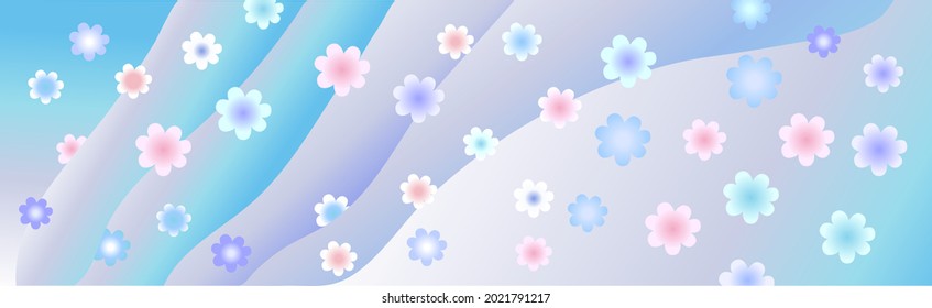 Antecedentes abstractos. Flores rosas, azules, lilas y blancas en el fondo de líneas abstractas y rayas del color del cielo. Cartel, invitación, felicitaciones y más.