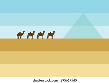 Abstract background desert, camels and pyramid.