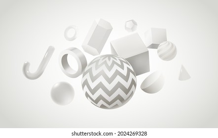 Diseño de fondo abstracto con formas geométricas 3d blancas. Afiche gráfico creativo con esferas y cubos realistas. Cifras de geometría vectorial. Ilustración de la composición dinámica geométrica 3d