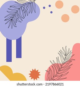Abstract background design. Backdrop with colorful geometric elements and plants. Flat vector illustration. Modern banner with multicolored shapes.