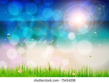 Abstract background for design. Beach with grass, flower, water drops and ladybird. Free place for text. Eps 10.