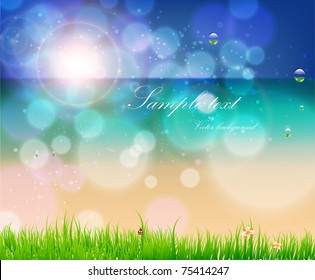 Abstract background for design. Beach with grass, flower, water drops and ladybird. Free place for text. Eps 10.