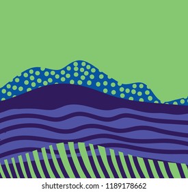 abstract background design in blue and green of hills with flowing water and blowing grass