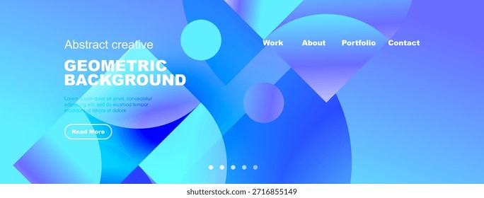 Abstract background design. Blue hues dominate, featuring geometric shapes, text elements, navigation menu. Modern aesthetic.